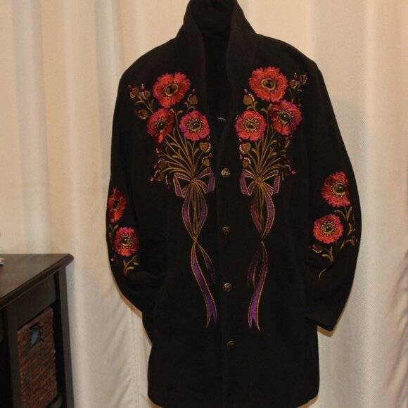 Bob Mackie Vtg 90s Wearable Art Embroidered Fleece Swing COAT  Sz 1X - Picture 2 of 8